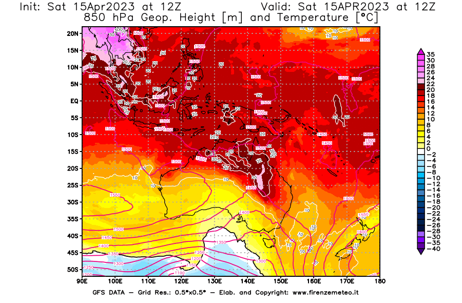 GFS analysi map - Geopotential [m] and Temperature [°C] at 850 hPa in Oceania
									on 15/04/2023 12 <!--googleoff: index-->UTC<!--googleon: index-->