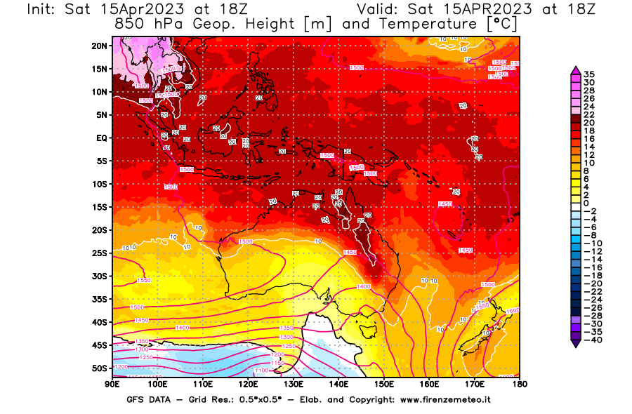 Mappa di analisi GFS - Geopotenziale [m] e Temperatura [°C] a 850 hPa in Oceania
							del 15/04/2023 18 <!--googleoff: index-->UTC<!--googleon: index-->