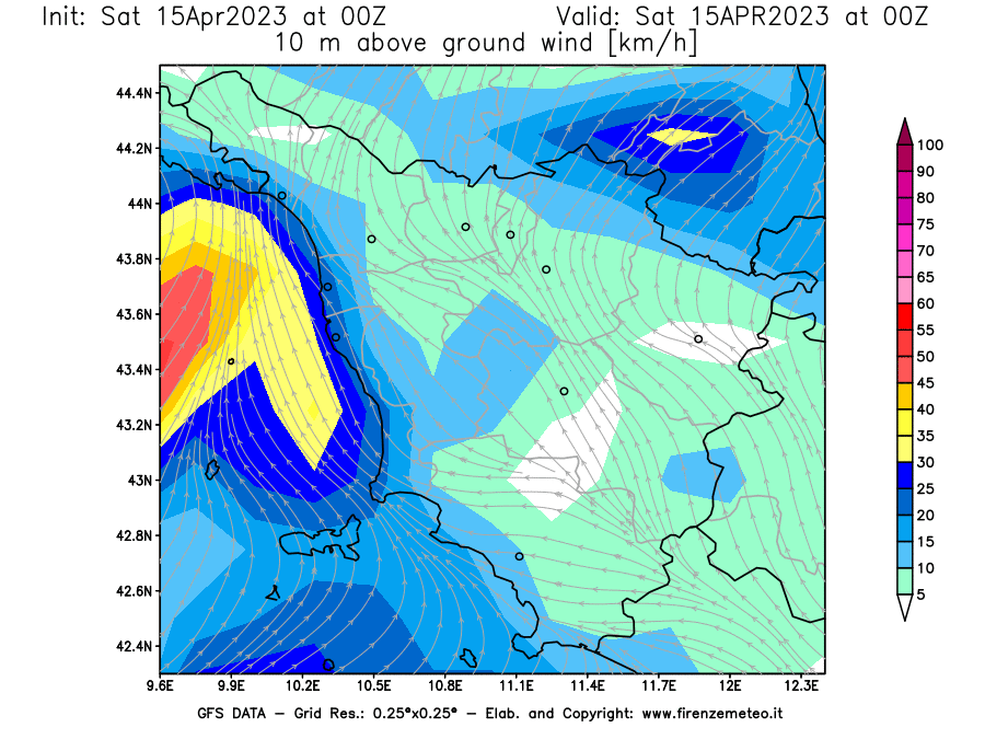 Mappa di analisi GFS - Velocità del vento a 10 metri dal suolo [km/h] in Toscana
							del 15/04/2023 00 <!--googleoff: index-->UTC<!--googleon: index-->