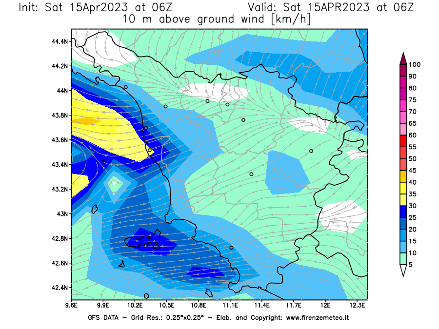 Mappa di analisi GFS - Velocità del vento a 10 metri dal suolo [km/h] in Toscana
							del 15/04/2023 06 <!--googleoff: index-->UTC<!--googleon: index-->