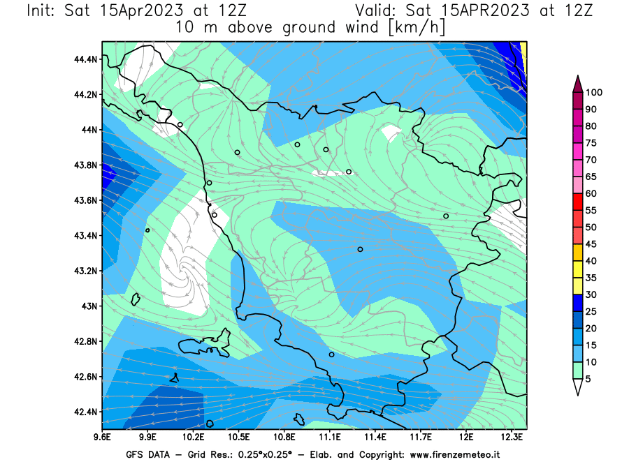 Mappa di analisi GFS - Velocità del vento a 10 metri dal suolo [km/h] in Toscana
							del 15/04/2023 12 <!--googleoff: index-->UTC<!--googleon: index-->
