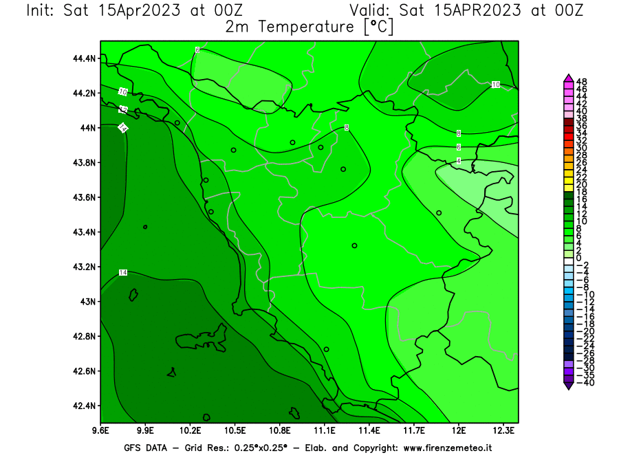 GFS analysi map - Temperature at 2 m above ground [°C] in Tuscany
									on 15/04/2023 00 <!--googleoff: index-->UTC<!--googleon: index-->