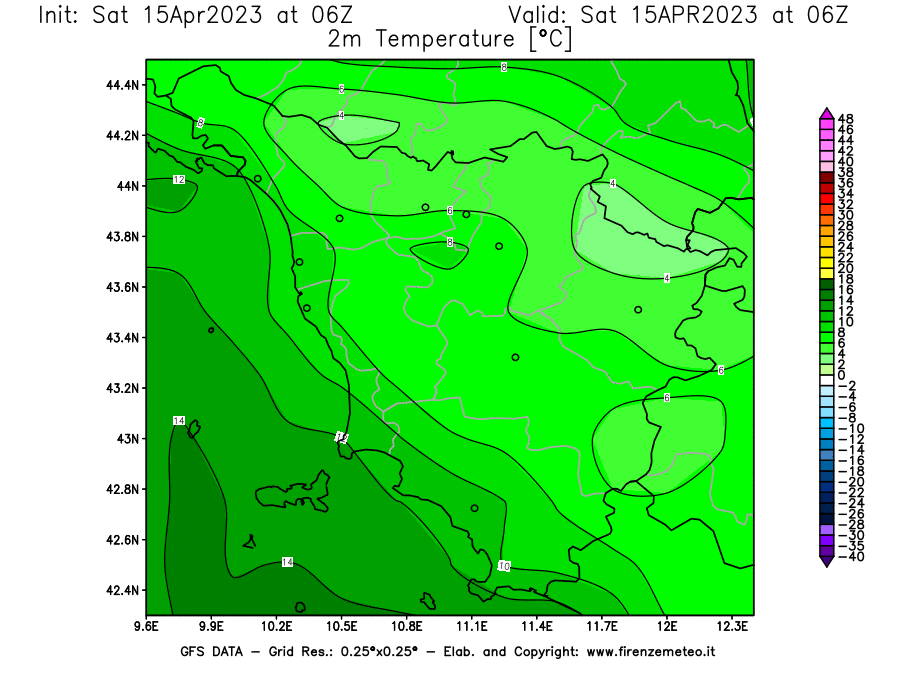 GFS analysi map - Temperature at 2 m above ground [°C] in Tuscany
									on 15/04/2023 06 <!--googleoff: index-->UTC<!--googleon: index-->