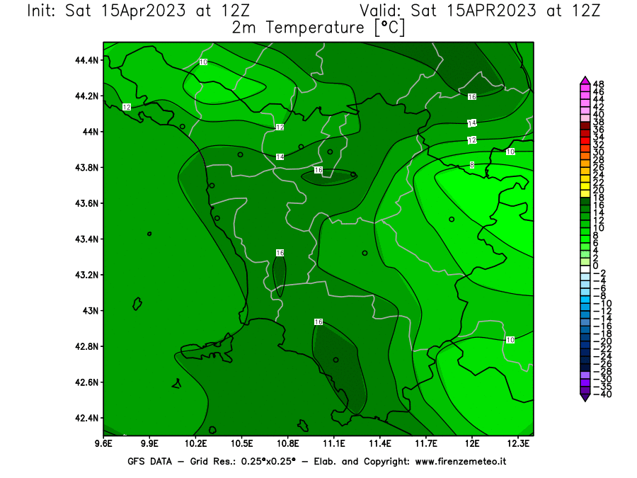 GFS analysi map - Temperature at 2 m above ground [°C] in Tuscany
									on 15/04/2023 12 <!--googleoff: index-->UTC<!--googleon: index-->