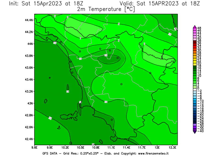 GFS analysi map - Temperature at 2 m above ground [°C] in Tuscany
									on 15/04/2023 18 <!--googleoff: index-->UTC<!--googleon: index-->