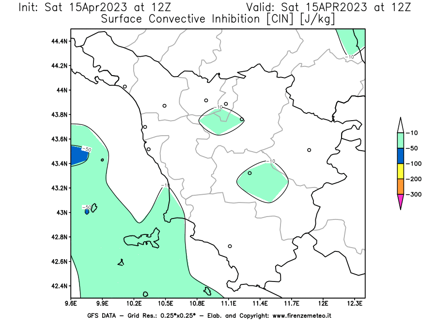 Mappa di analisi GFS - CIN [J/kg] in Toscana
							del 15/04/2023 12 <!--googleoff: index-->UTC<!--googleon: index-->
