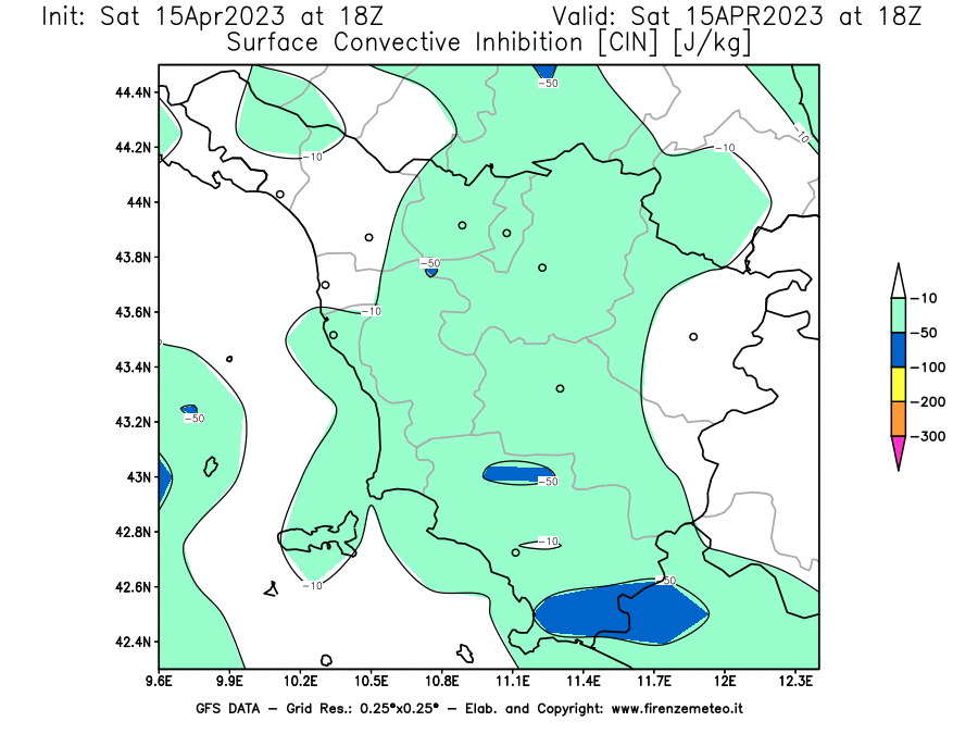 GFS analysi map - CIN [J/kg] in Tuscany
									on 15/04/2023 18 <!--googleoff: index-->UTC<!--googleon: index-->