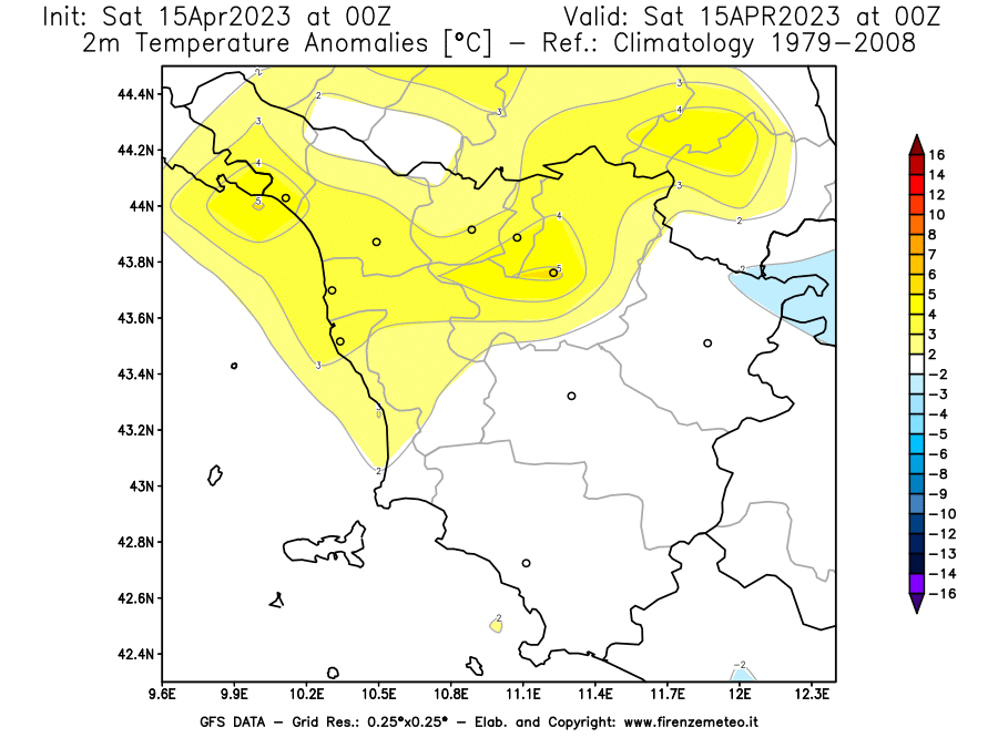 Mappa di analisi GFS - Anomalia Temperatura [°C] a 2 m in Toscana
							del 15/04/2023 00 <!--googleoff: index-->UTC<!--googleon: index-->