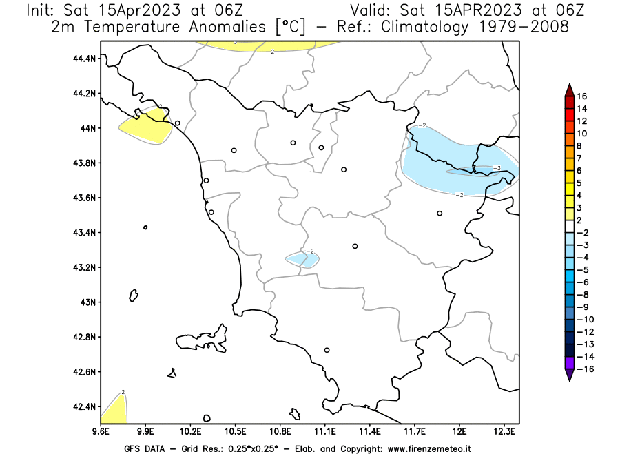 Mappa di analisi GFS - Anomalia Temperatura [°C] a 2 m in Toscana
							del 15/04/2023 06 <!--googleoff: index-->UTC<!--googleon: index-->