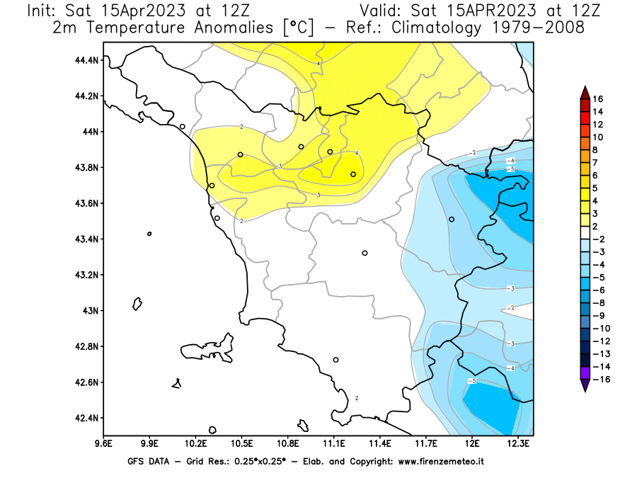 GFS analysi map - Temperature Anomalies [°C] at 2 m in Tuscany
									on 15/04/2023 12 <!--googleoff: index-->UTC<!--googleon: index-->