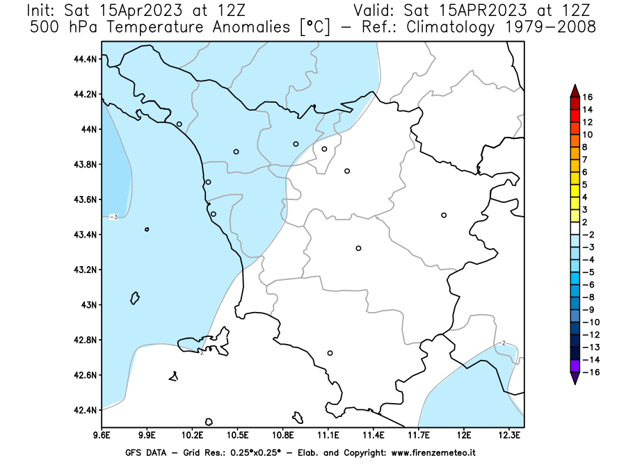 Mappa di analisi GFS - Anomalia Temperatura [°C] a 500 hPa in Toscana
							del 15/04/2023 12 <!--googleoff: index-->UTC<!--googleon: index-->