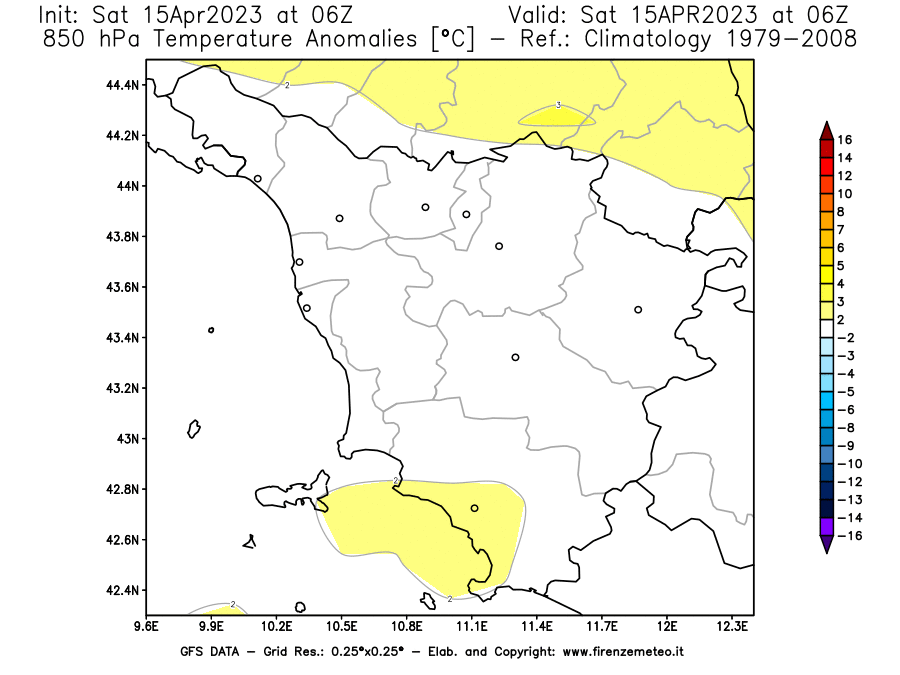 GFS analysi map - Temperature Anomalies [°C] at 850 hPa in Tuscany
									on 15/04/2023 06 <!--googleoff: index-->UTC<!--googleon: index-->