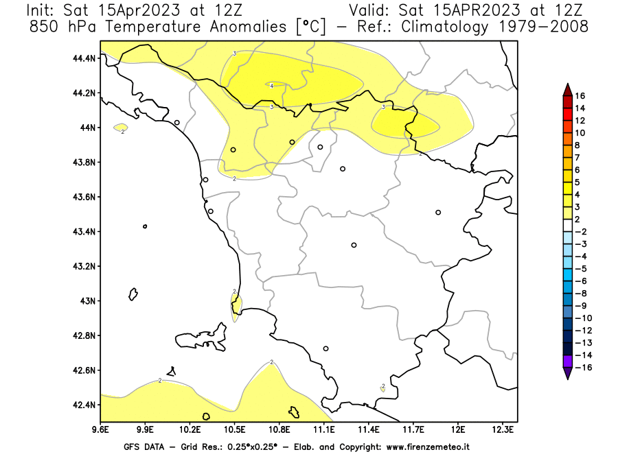 GFS analysi map - Temperature Anomalies [°C] at 850 hPa in Tuscany
									on 15/04/2023 12 <!--googleoff: index-->UTC<!--googleon: index-->