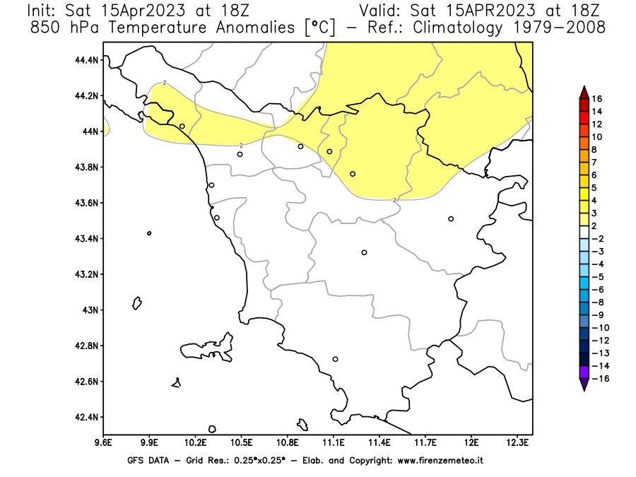 Mappa di analisi GFS - Anomalia Temperatura [°C] a 850 hPa in Toscana
							del 15/04/2023 18 <!--googleoff: index-->UTC<!--googleon: index-->