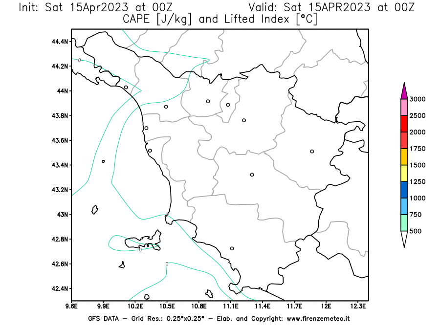 Mappa di analisi GFS - CAPE [J/kg] e Lifted Index [°C] in Toscana
							del 15/04/2023 00 <!--googleoff: index-->UTC<!--googleon: index-->