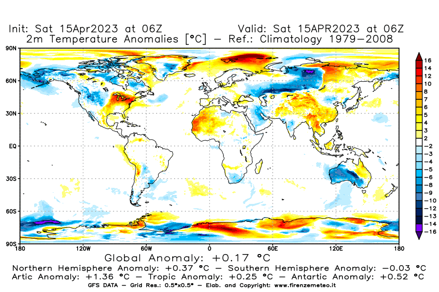 Mappa di analisi GFS - Anomalia Temperatura [°C] a 2 m in World
							del 15/04/2023 06 <!--googleoff: index-->UTC<!--googleon: index-->
