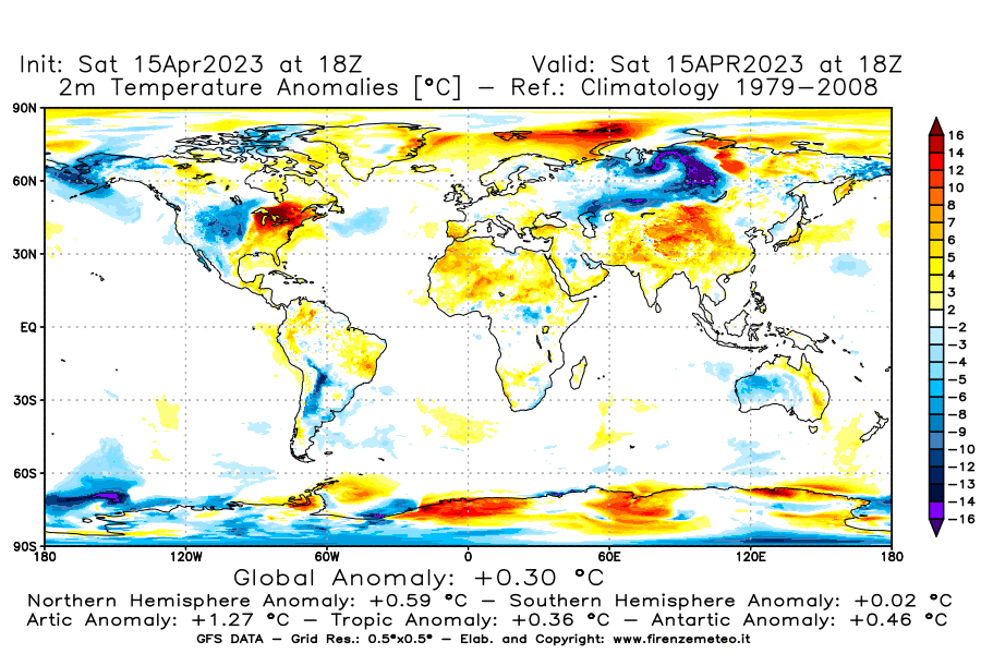 Mappa di analisi GFS - Anomalia Temperatura [°C] a 2 m in World
							del 15/04/2023 18 <!--googleoff: index-->UTC<!--googleon: index-->