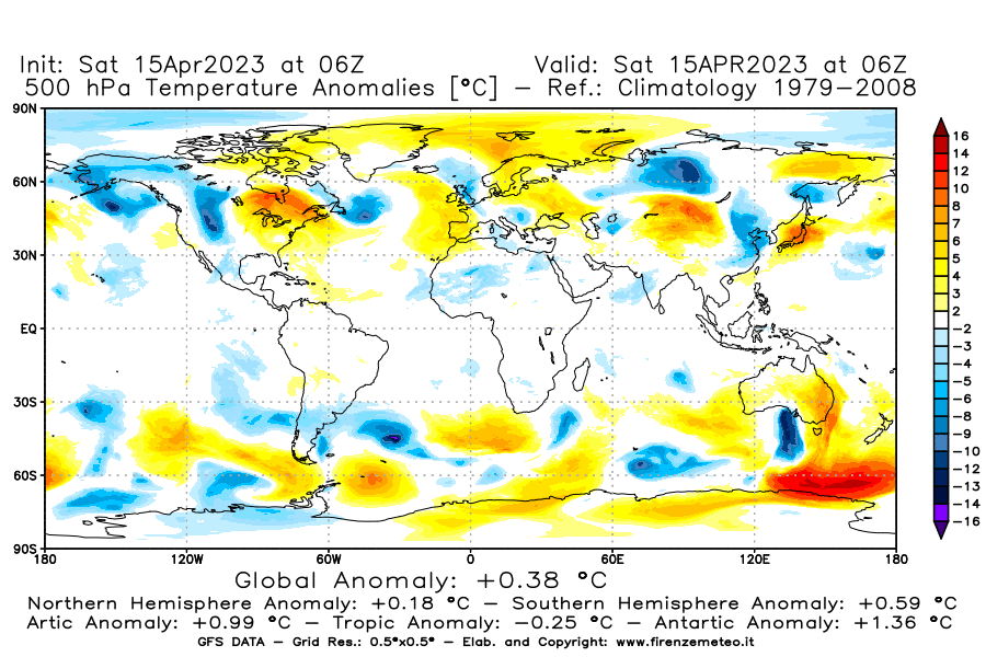 Mappa di analisi GFS - Anomalia Temperatura [°C] a 500 hPa in World
							del 15/04/2023 06 <!--googleoff: index-->UTC<!--googleon: index-->