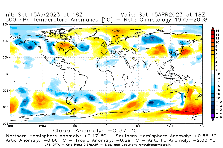 Mappa di analisi GFS - Anomalia Temperatura [°C] a 500 hPa in World
							del 15/04/2023 18 <!--googleoff: index-->UTC<!--googleon: index-->
