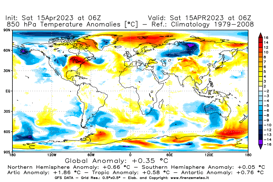 Mappa di analisi GFS - Anomalia Temperatura [°C] a 850 hPa in World
							del 15/04/2023 06 <!--googleoff: index-->UTC<!--googleon: index-->
