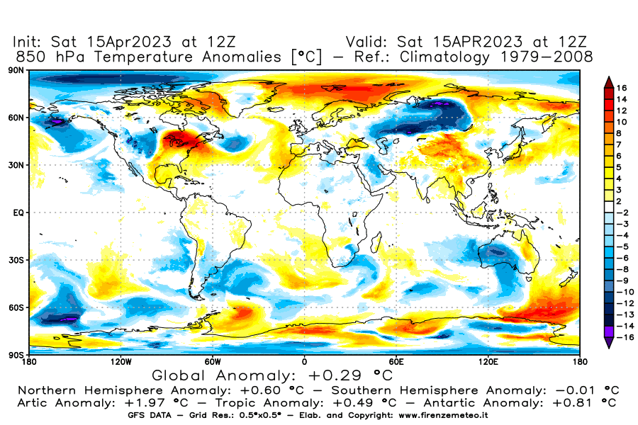 Mappa di analisi GFS - Anomalia Temperatura [°C] a 850 hPa in World
							del 15/04/2023 12 <!--googleoff: index-->UTC<!--googleon: index-->