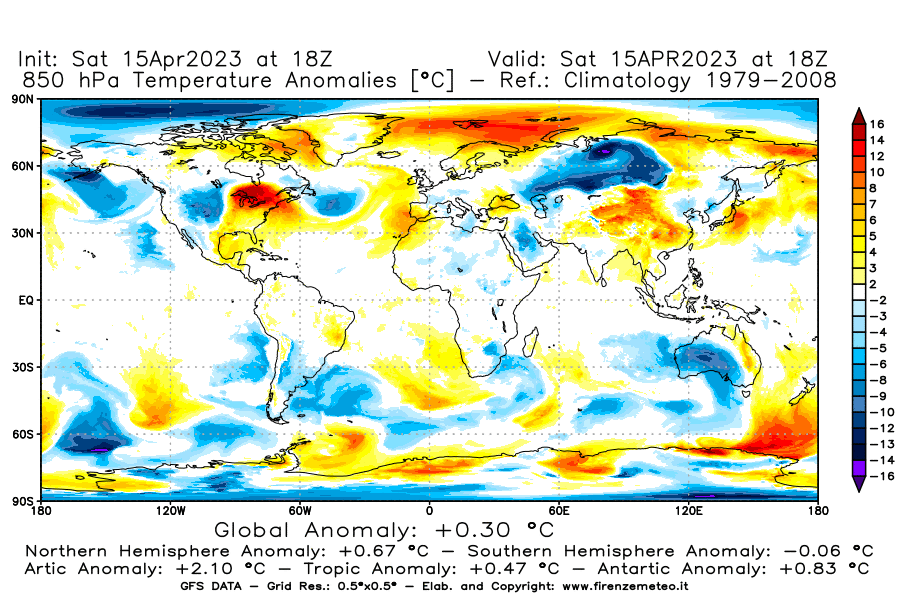 Mappa di analisi GFS - Anomalia Temperatura [°C] a 850 hPa in World
							del 15/04/2023 18 <!--googleoff: index-->UTC<!--googleon: index-->