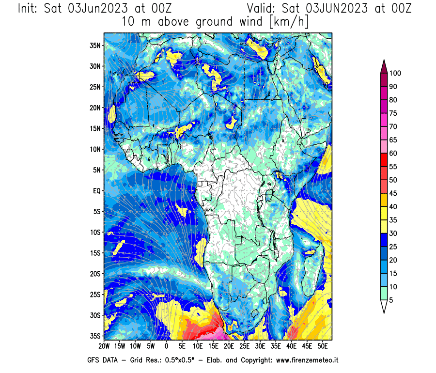 GFS analysi map - Wind Speed at 10 m above ground [km/h] in Africa
									on 03/06/2023 00 <!--googleoff: index-->UTC<!--googleon: index-->