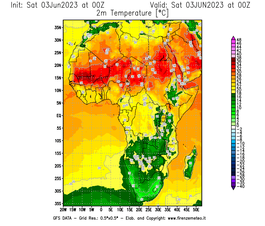 GFS analysi map - Temperature at 2 m above ground [°C] in Africa
									on 03/06/2023 00 <!--googleoff: index-->UTC<!--googleon: index-->