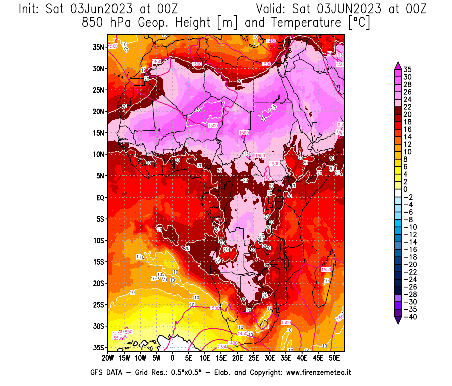 GFS analysi map - Geopotential [m] and Temperature [°C] at 850 hPa in Africa
									on 03/06/2023 00 <!--googleoff: index-->UTC<!--googleon: index-->