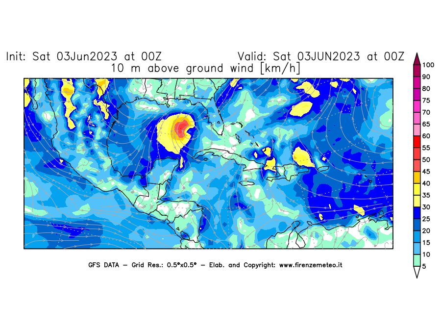 GFS analysi map - Wind Speed at 10 m above ground [km/h] in Central America
									on 03/06/2023 00 <!--googleoff: index-->UTC<!--googleon: index-->
