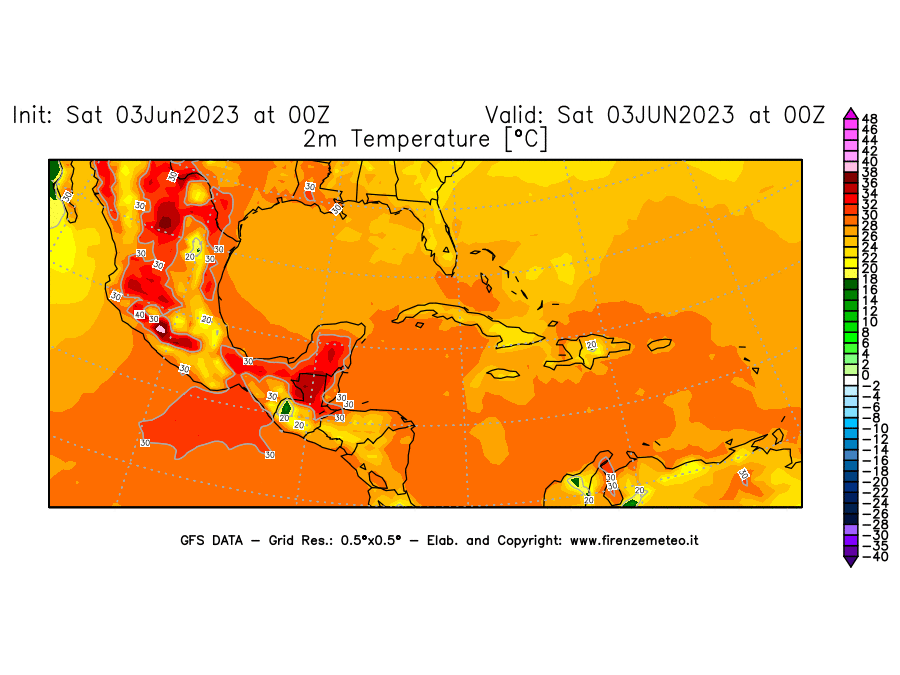 GFS analysi map - Temperature at 2 m above ground [°C] in Central America
									on 03/06/2023 00 <!--googleoff: index-->UTC<!--googleon: index-->