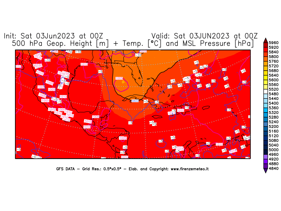 GFS analysi map - Geopotential [m] + Temp. [°C] at 500 hPa + Sea Level Pressure [hPa] in Central America
									on 03/06/2023 00 <!--googleoff: index-->UTC<!--googleon: index-->