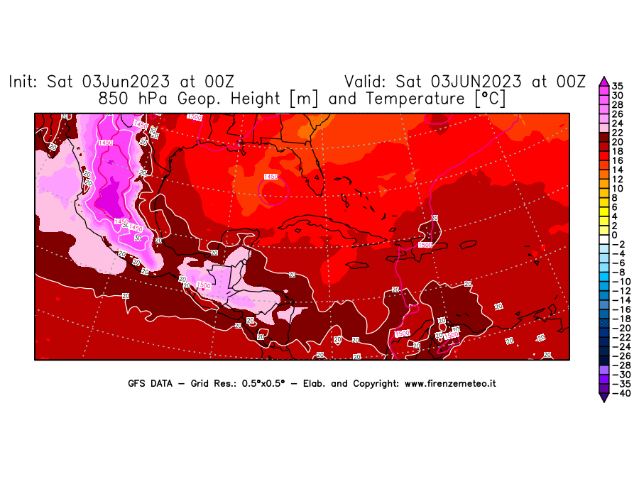 GFS analysi map - Geopotential [m] and Temperature [°C] at 850 hPa in Central America
									on 03/06/2023 00 <!--googleoff: index-->UTC<!--googleon: index-->