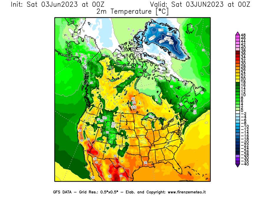 GFS analysi map - Temperature at 2 m above ground [°C] in North America
									on 03/06/2023 00 <!--googleoff: index-->UTC<!--googleon: index-->