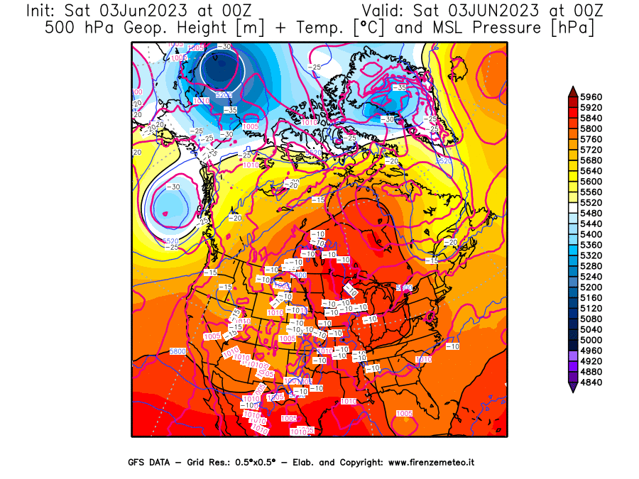 GFS analysi map - Geopotential [m] + Temp. [°C] at 500 hPa + Sea Level Pressure [hPa] in North America
									on 03/06/2023 00 <!--googleoff: index-->UTC<!--googleon: index-->