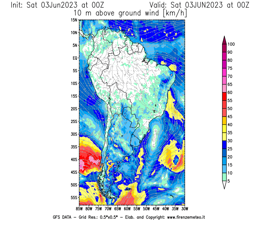 GFS analysi map - Wind Speed at 10 m above ground [km/h] in South America
									on 03/06/2023 00 <!--googleoff: index-->UTC<!--googleon: index-->