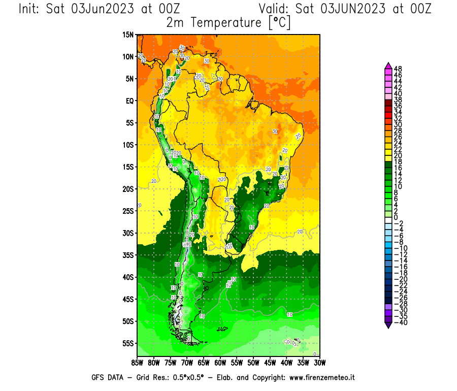 GFS analysi map - Temperature at 2 m above ground [°C] in South America
									on 03/06/2023 00 <!--googleoff: index-->UTC<!--googleon: index-->
