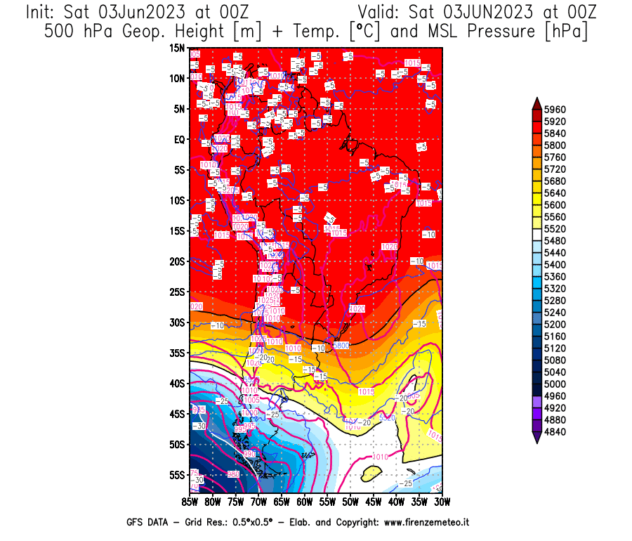 GFS analysi map - Geopotential [m] + Temp. [°C] at 500 hPa + Sea Level Pressure [hPa] in South America
									on 03/06/2023 00 <!--googleoff: index-->UTC<!--googleon: index-->