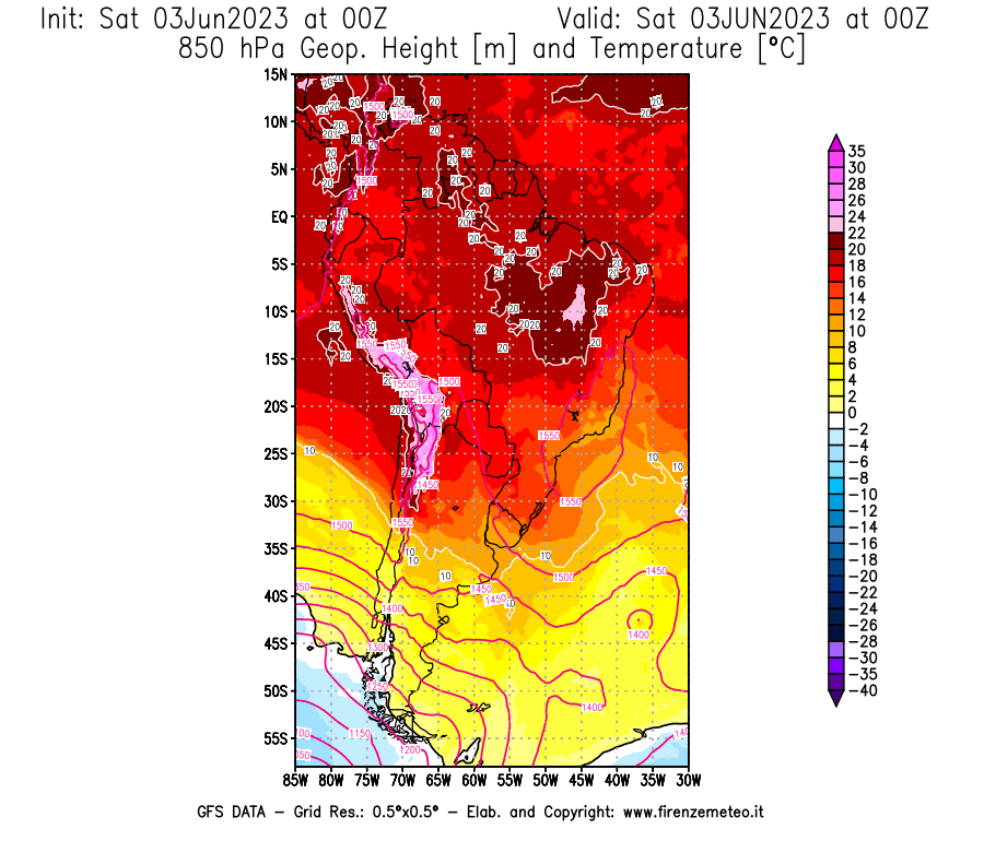 GFS analysi map - Geopotential [m] and Temperature [°C] at 850 hPa in South America
									on 03/06/2023 00 <!--googleoff: index-->UTC<!--googleon: index-->