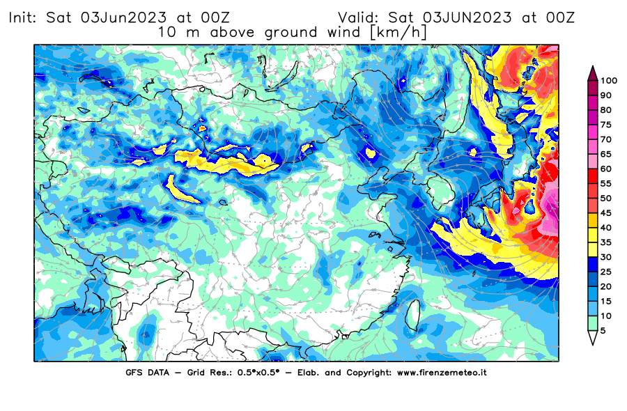 GFS analysi map - Wind Speed at 10 m above ground [km/h] in East Asia
									on 03/06/2023 00 <!--googleoff: index-->UTC<!--googleon: index-->