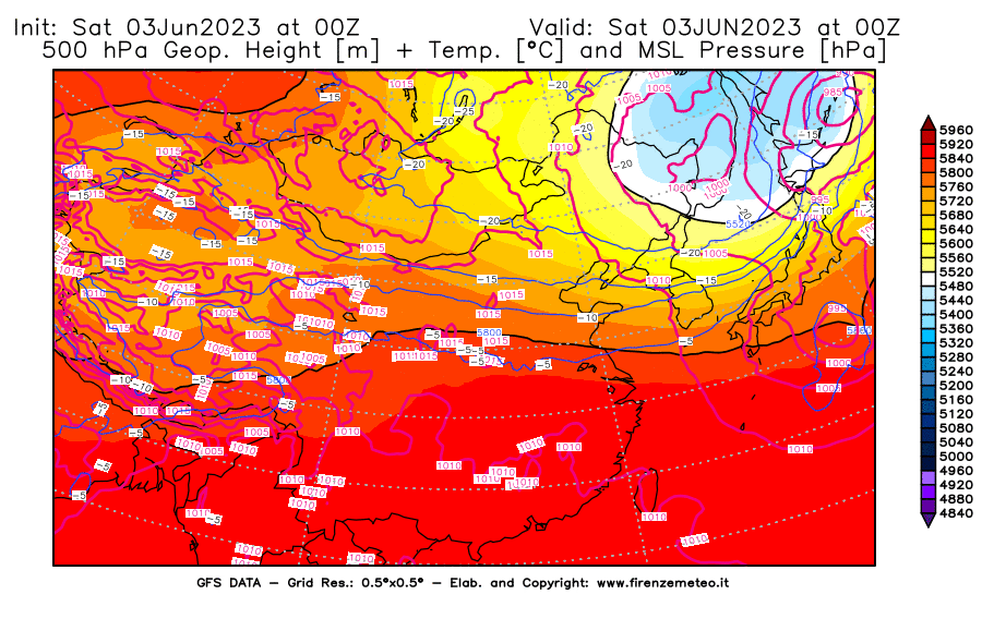 GFS analysi map - Geopotential [m] + Temp. [°C] at 500 hPa + Sea Level Pressure [hPa] in East Asia
									on 03/06/2023 00 <!--googleoff: index-->UTC<!--googleon: index-->
