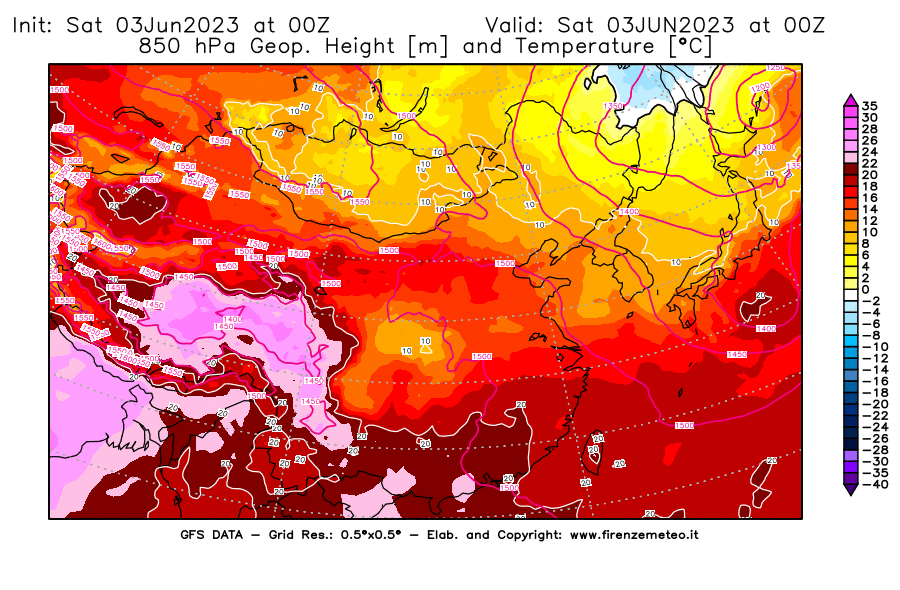 GFS analysi map - Geopotential [m] and Temperature [°C] at 850 hPa in East Asia
									on 03/06/2023 00 <!--googleoff: index-->UTC<!--googleon: index-->