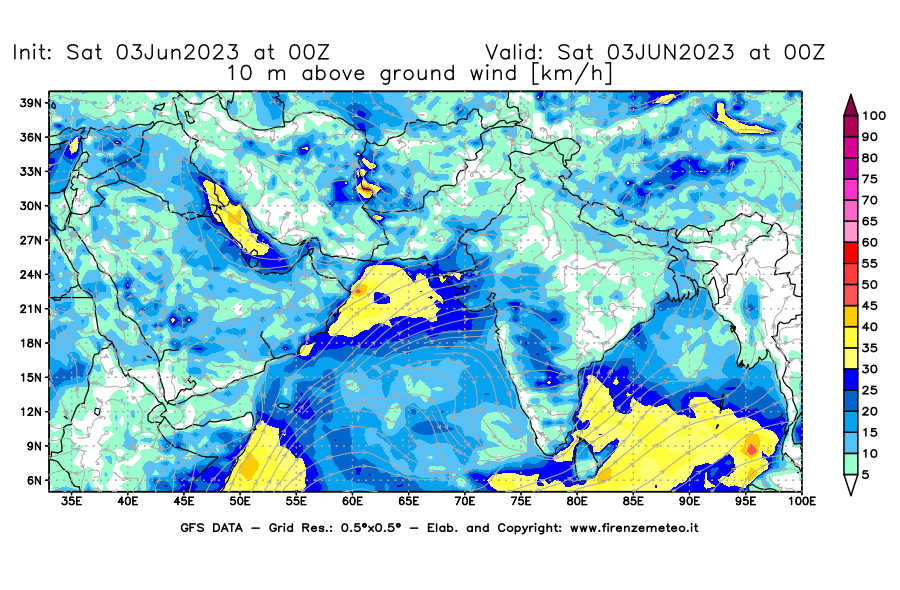 GFS analysi map - Wind Speed at 10 m above ground [km/h] in South West Asia 
									on 03/06/2023 00 <!--googleoff: index-->UTC<!--googleon: index-->