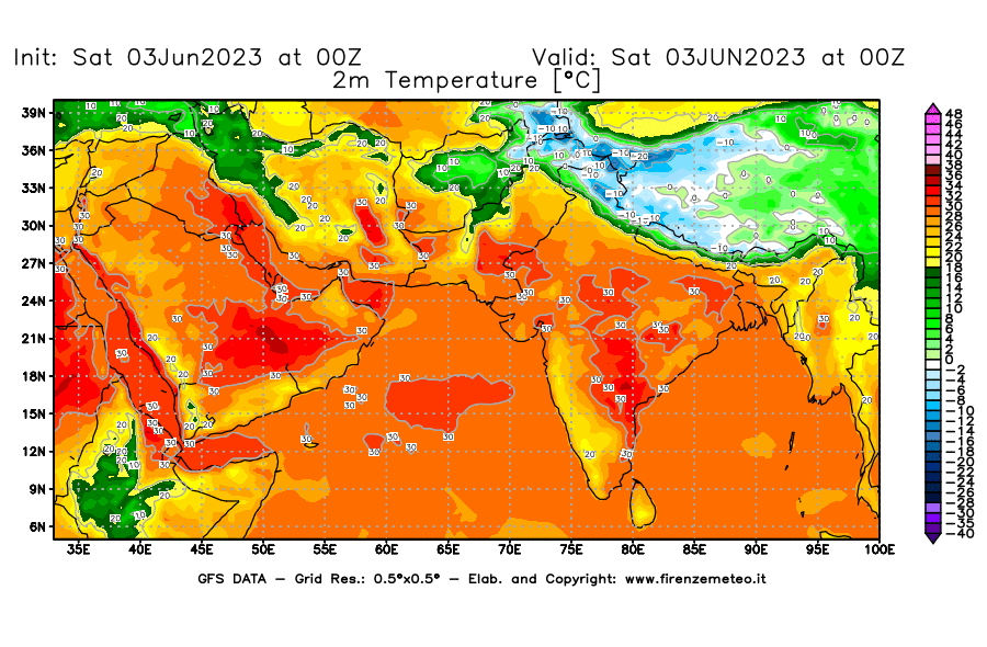 GFS analysi map - Temperature at 2 m above ground [°C] in South West Asia 
									on 03/06/2023 00 <!--googleoff: index-->UTC<!--googleon: index-->