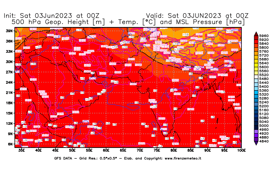 GFS analysi map - Geopotential [m] + Temp. [°C] at 500 hPa + Sea Level Pressure [hPa] in South West Asia 
									on 03/06/2023 00 <!--googleoff: index-->UTC<!--googleon: index-->