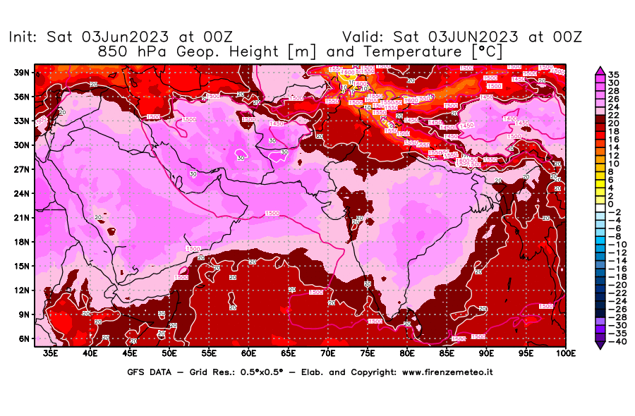 GFS analysi map - Geopotential [m] and Temperature [°C] at 850 hPa in South West Asia 
									on 03/06/2023 00 <!--googleoff: index-->UTC<!--googleon: index-->