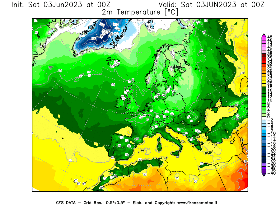 GFS analysi map - Temperature at 2 m above ground [°C] in Europe
									on 03/06/2023 00 <!--googleoff: index-->UTC<!--googleon: index-->