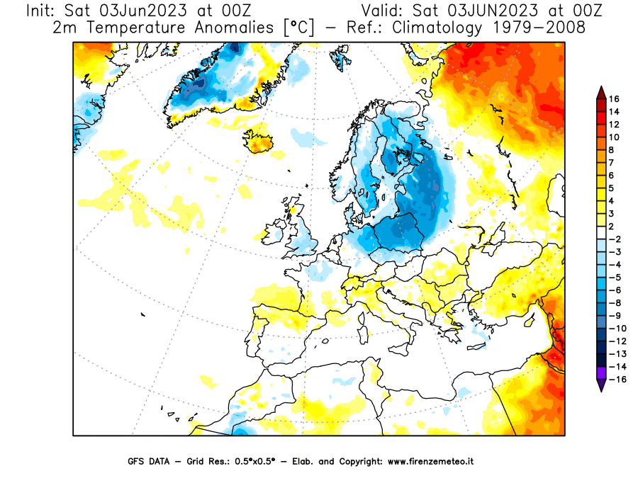GFS analysi map - Temperature Anomalies [°C] at 2 m in Europe
									on 03/06/2023 00 <!--googleoff: index-->UTC<!--googleon: index-->