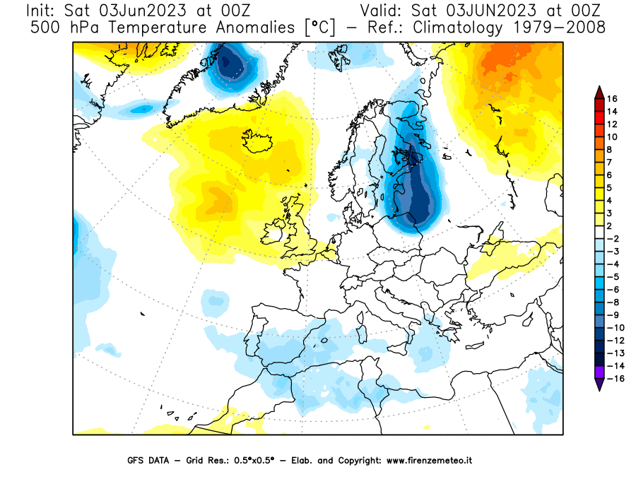 GFS analysi map - Temperature Anomalies [°C] at 500 hPa in Europe
									on 03/06/2023 00 <!--googleoff: index-->UTC<!--googleon: index-->