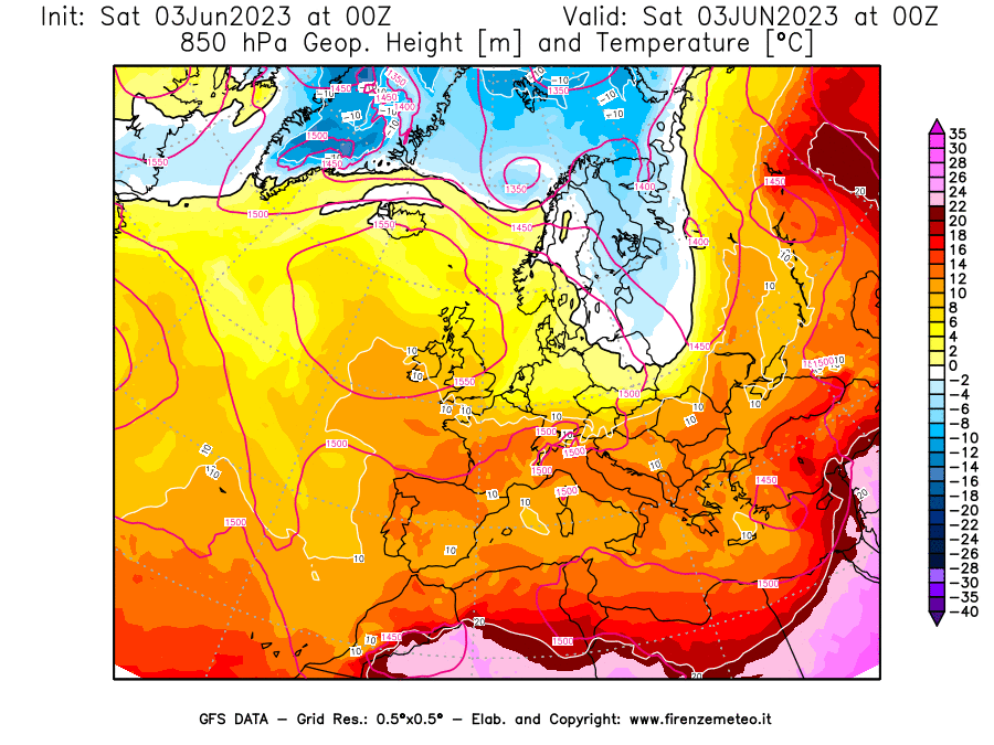 GFS analysi map - Geopotential [m] and Temperature [°C] at 850 hPa in Europe
									on 03/06/2023 00 <!--googleoff: index-->UTC<!--googleon: index-->